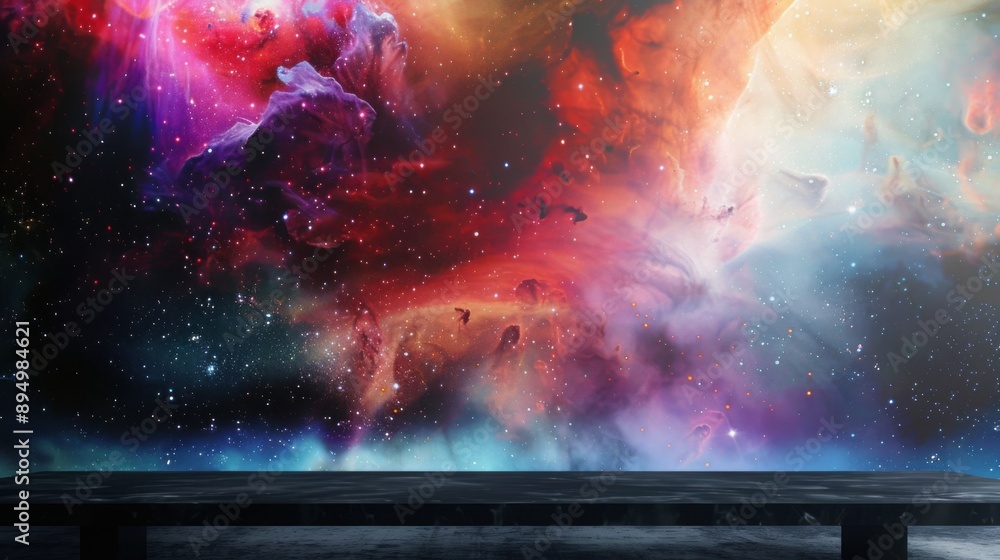 Poster a dark tabletop with a cosmic night sky background. stars and a nebula are visible in the sky, creat