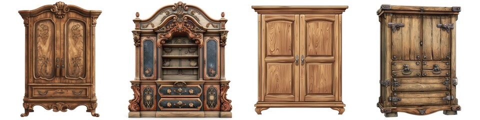 Collection of vintage wooden cupboards showcasing intricate designs and craftsmanship in a rustic aesthetic.