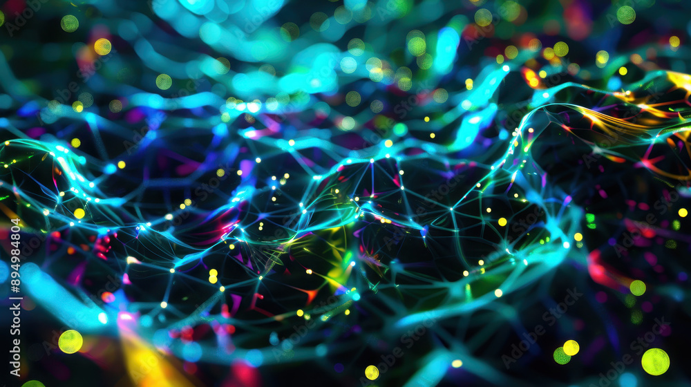 Poster abstract digital network illustration with colorful glowing lines and dots on a dark background repr