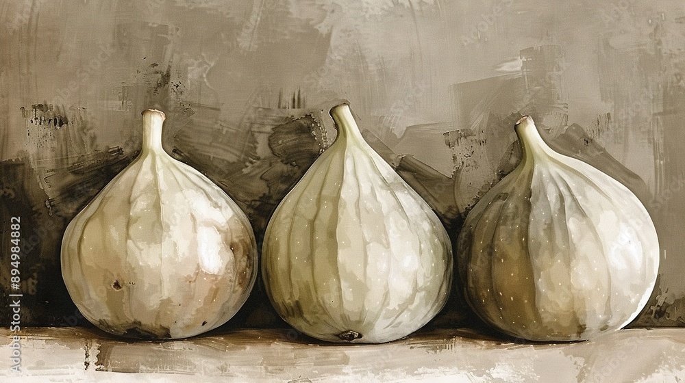 Wall mural three garlic bulbs rest on a nearby shelf, with a stunning painting of warm browns and whites framin