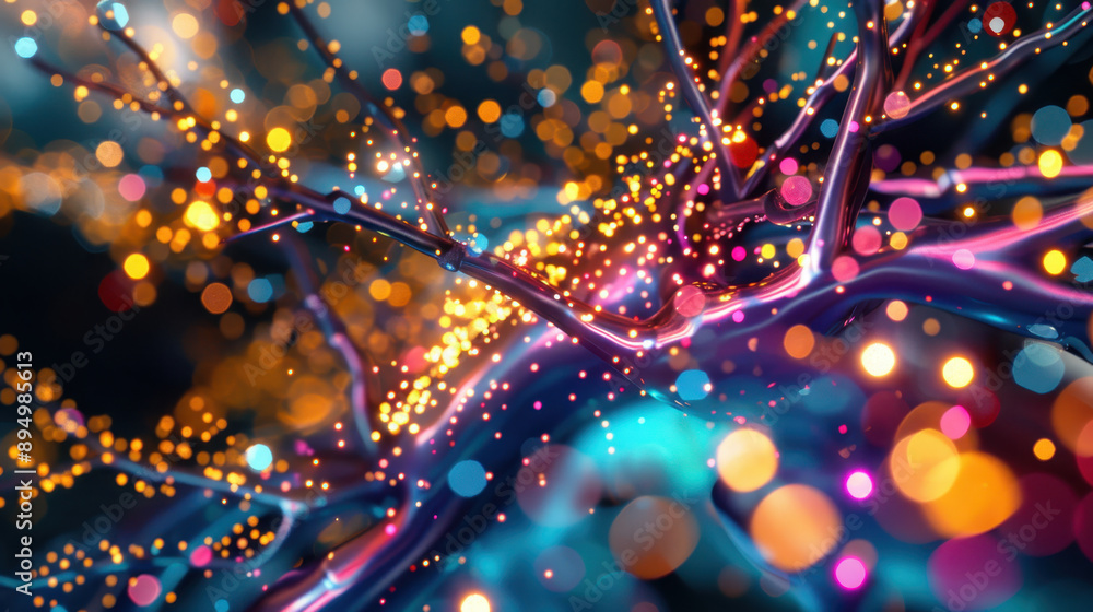 Poster abstract representation of luminous branches intertwined with colorful bokeh lights against a dark b