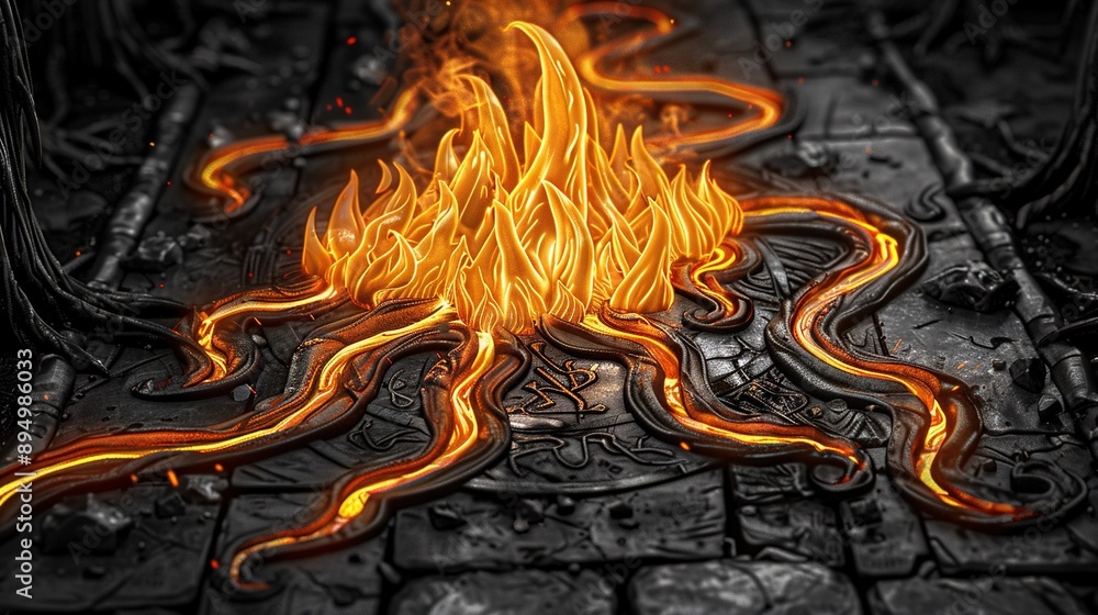 Poster a close-up of a blazing fire on a tiled floor the flames spread out to form an intricate pattern acr