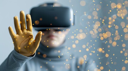 Golden VR Gloves Manipulating Dark Matter Finances in Futuristic Digital Interface