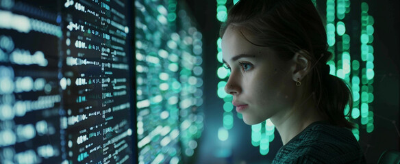 Female IT specialist analyzing data in information technology, data analysis, tech professional, IT solutions, system management