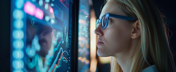 Female IT specialist analyzing data in information technology, data analysis, tech professional, IT solutions, system management