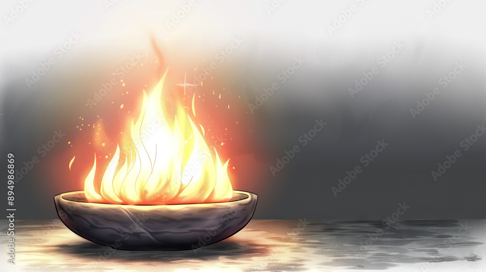Poster a bowl of fire sits on a table in front of a white wall, illuminated by a light source