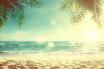 Tropical beach with palm leaf  summer vacation concept. Vintage style.