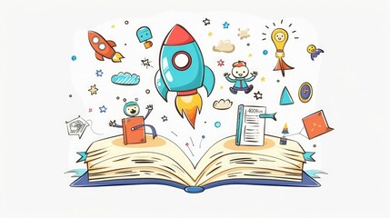 Vector template for educational purposes featuring an open book with school and rocket icons.