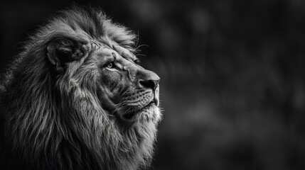 Fototapeta premium A monochrome image of a lion gazing into the distance, featuring a fuzzy background