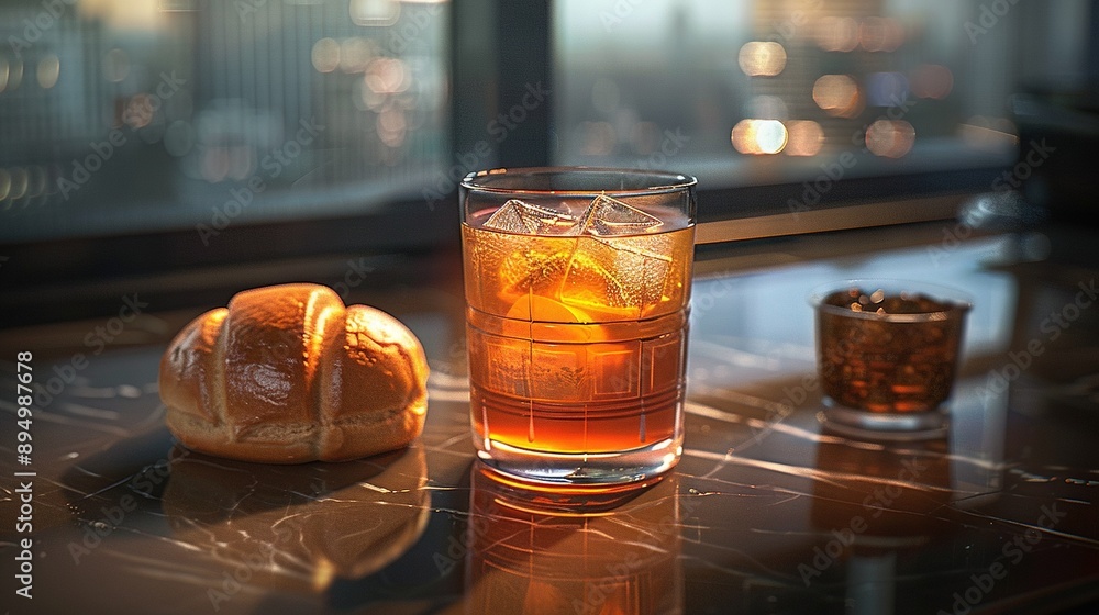 Poster an iced tea with a slice of bread on a nearby table by the window