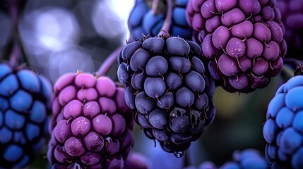   A zoom-in of several ripe berries dangling from a branch, adorned with droplets of dew