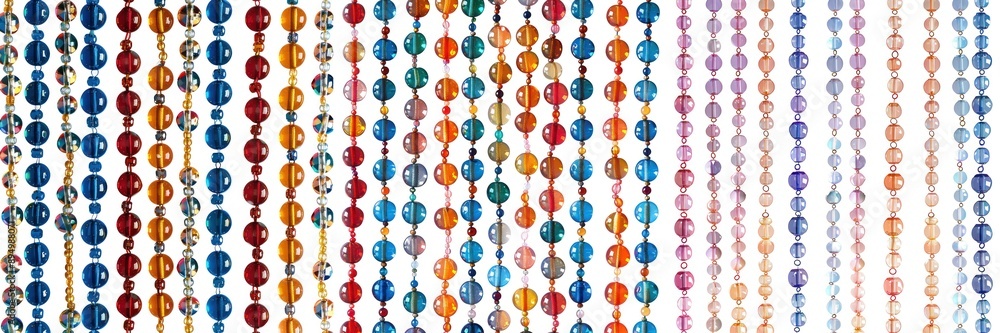 Poster vibrant decorative beads hang in a colorful display, creating a mesmerizing interplay of light and c