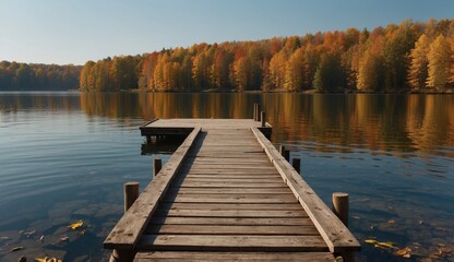Wooden jetty extending into a calm autumn lake