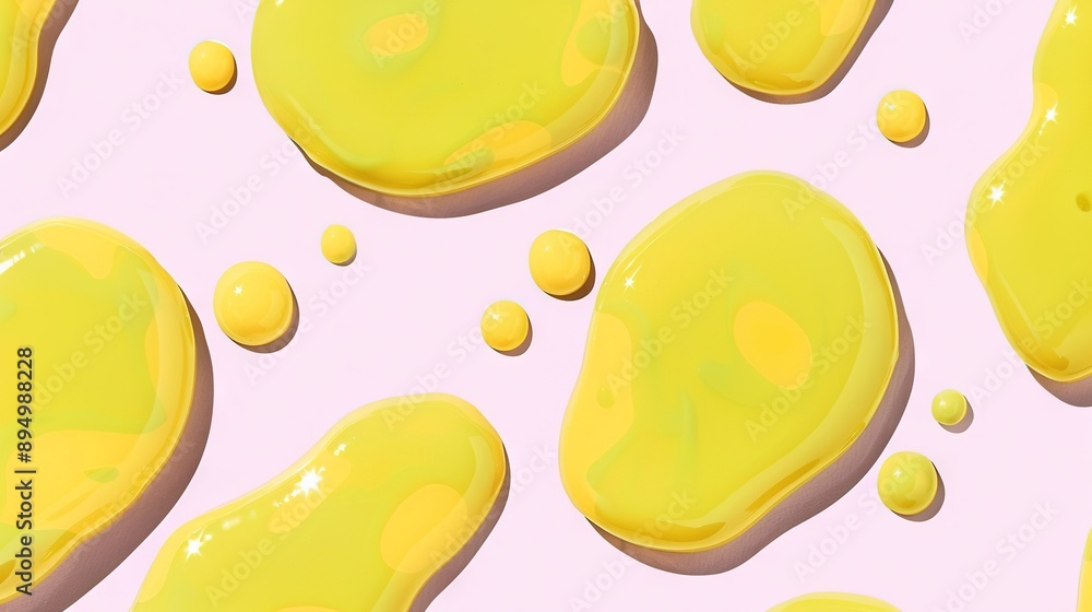 Poster a zoomed-in image of a yellow paste on a pink background with visible bubble formations and droplets
