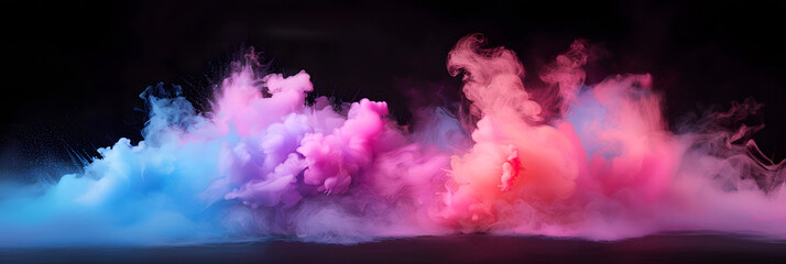 Colored smoke billows across a dark background, creating a surreal and dreamy effect. The smoke appears to be a combination of blue, pink, and purple hues.