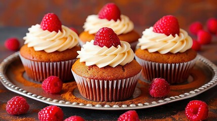  A plate capped with cupcakes smothered in frosting and sprinkled with raspberries resting atop a table