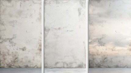 A white wall with three pillars and a white sign