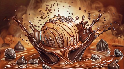   A painting depicts a chocolate ball surrounded by a pool of melted chocolate and a splash of chocolate on top