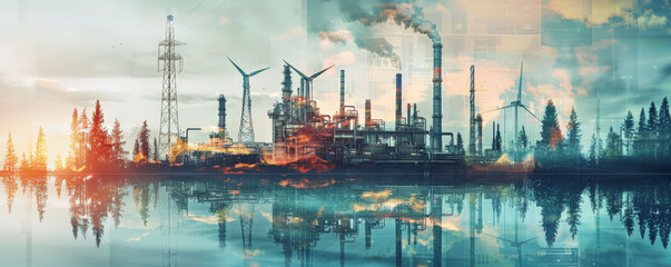 Obraz premium Double exposure of an oil refinery plant and a dynamic landscape with tidal energy generators and wind turbines. The image emphasizes the integration of diverse renewable energy sources for a