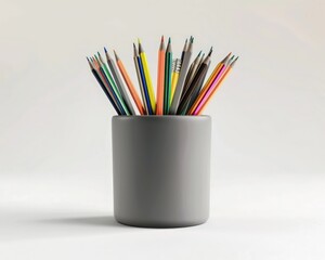 High-resolution photo of stationery in grey pencil pot, studio-lit.