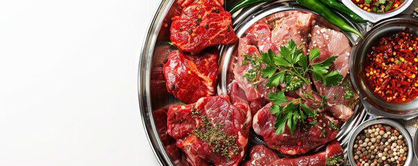 Top-down view of a metal platter with raw meat and various seasonings, presented on a white background.