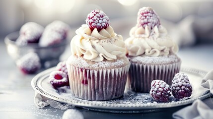   Cupcakes on a frosted plate, topped with fresh raspberries and dusted with powdered sugar