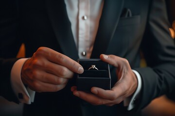 An elegant man in formal attire holds a diamond ring in a box, showcasing a moment of luxury and romance