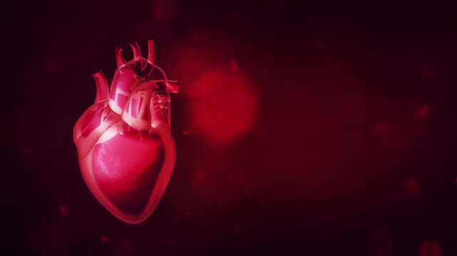 Heartbeat video loop 3D graphics visualization with copy space. Medical rendering template, with a red heart pumping ideal also for health news, nutrition guides, workout benefits or gym products