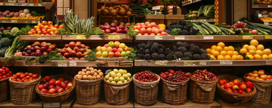A well-organized grocery store produce section with a variety of fruits and vegetables in baskets and bins.