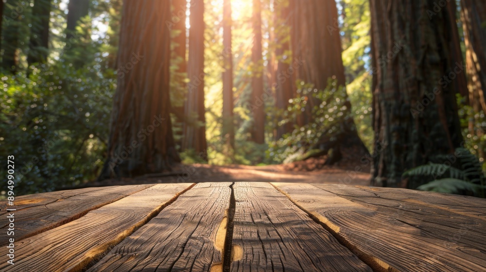 Poster a wooden table sits in front of a sunlit path leading through a lush redwood forest.