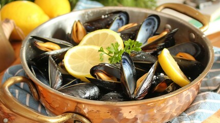   A potful of mussels on a blue and white towel, garnished with lemon wedges and parsley