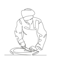 One continuous single drawing line art flat doodle  chef, cooking, indoors, kitchen, creativity, horizontal, photography, people, healthy eating, lifestyle. Isolated image hand draw contour on a white