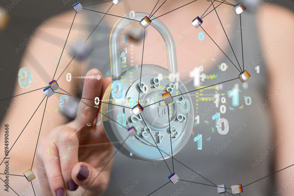 Poster Cybersecurity and information or network protection. Future technology web