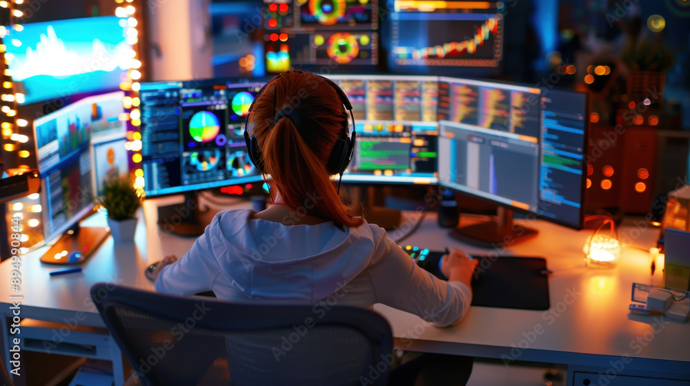 Leinwandbilder female data analyst working in a modern office environment with multiple computer screens displaying