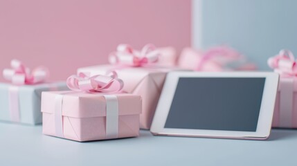 A white tablet sits on top of a stack of pink boxes