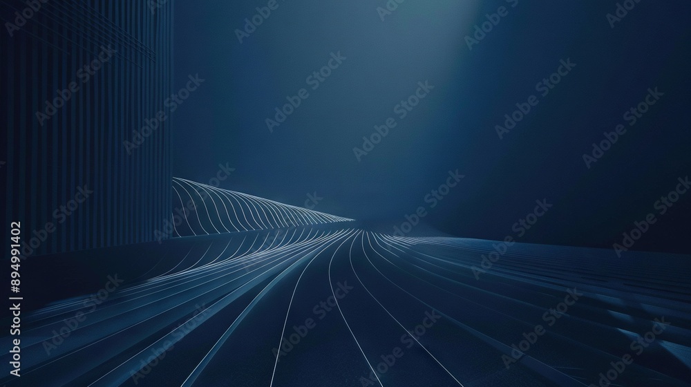 Poster a dim room featuring a prolonged sequence of lines stretching down the floor and a radiant source of
