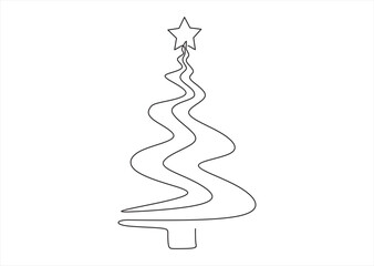 Christmas tree star vector one line continuous illustration. Winter holiday freehand drawing. Hand drawn linear icon. Festive design for print, banner, poster, postcard, New Year greeting card.