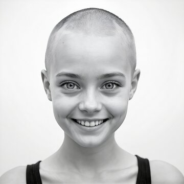Ni&ntilde;a con cancer, sin cabello, sonriente, a pesar de su enfermedad se muestra feliz, libre, fuerte, inspiradora, apta para reflejar lo que viven los pacientes pedi&aacute;tricos con cancer. Esperanzadora. 