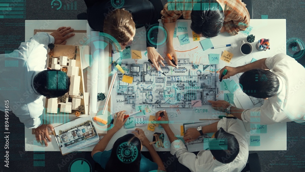 Aufkleber top view of professional civil architect engineer team write sticky notes and sticking note at house