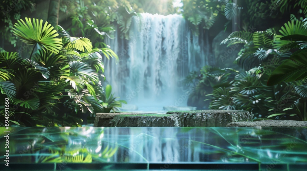 Poster a serene pool of water sits before a cascading waterfall in a lush tropical setting. the pool is sur