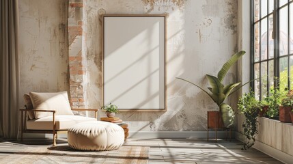 Empty poster frame in cozy interior.