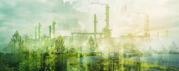 A creative double exposure image featuring an oil refinery plant overlaid with lush green forests and solar farms. The juxtaposition highlights the potential for integrating traditional energy with
