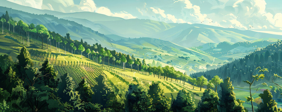 A serene depiction of afforestation in a mountainous region. Volunteers plant trees on steep slopes, transforming a barren mountainside into a lush forest, emphasizing the challenges and rewards of