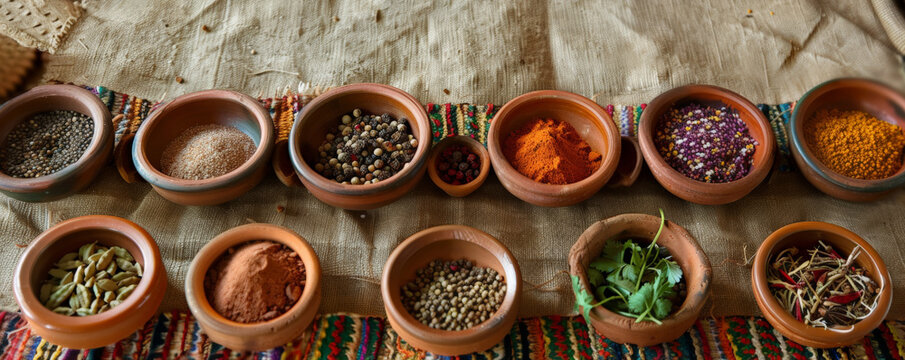 An array of whole and ground spices in small bowls, artistically placed on a rustic tablecloth.