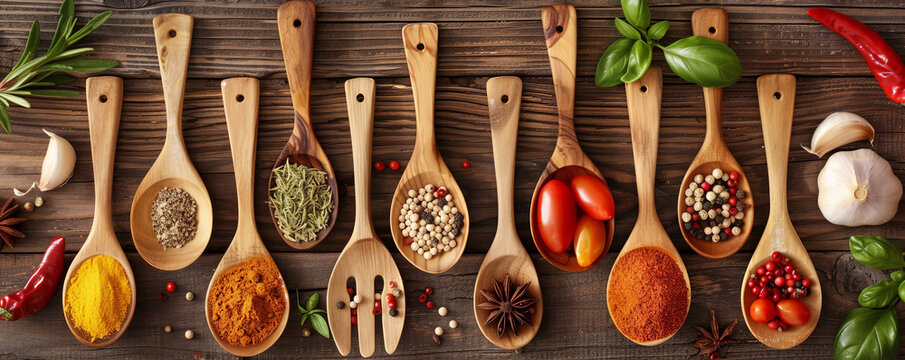 An array of spices and fresh ingredients on wooden spoons, spread across a wooden cooking table, highlighting the diversity of culinary elements.