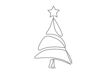 Christmas tree star vector one line continuous illustration. Winter holiday freehand drawing. Hand drawn linear icon. Festive design for print, banner, poster, postcard, New Year greeting card.