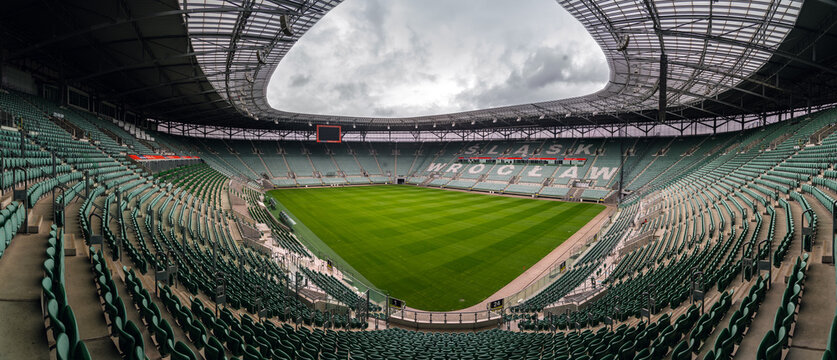 Wroclaw, Poland - July 2024: Panoramic ultra wide panorama of Stadion Wrocław (Tarczyński Arena), home stadium for WKS Śląsk Wrocław football club. 