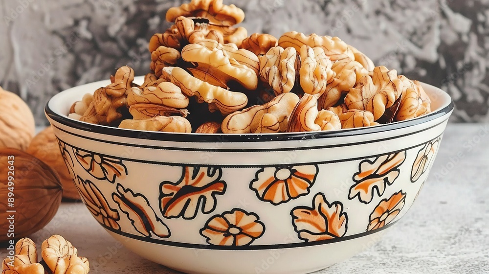 Poster a table with a bowl of nuts beside a nut shell