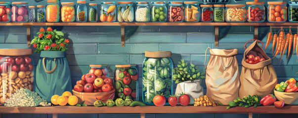A vibrant depiction of a zero waste market stall. Glass jars, cloth bags, and metal tins are used to display bulk foods, fresh produce, and eco-friendly products, creating a visually appealing and