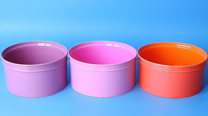   Three blue and pink plastic containers stacked with one in the center